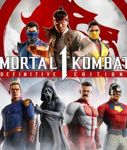 Key art for Mortal Kombat 1: Definitive Edition showing DLC characters like Omni-Man and Peacemaker.