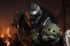 The Doom Slayer wearing a fur cloak and holding a shield in Doom: The Dark Ages.