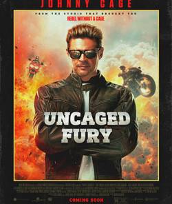 A man in sunglasses with his arms crossed standing in front of an explosion. Karl Urban as Johnny Cage in Mortal Kombat 2
